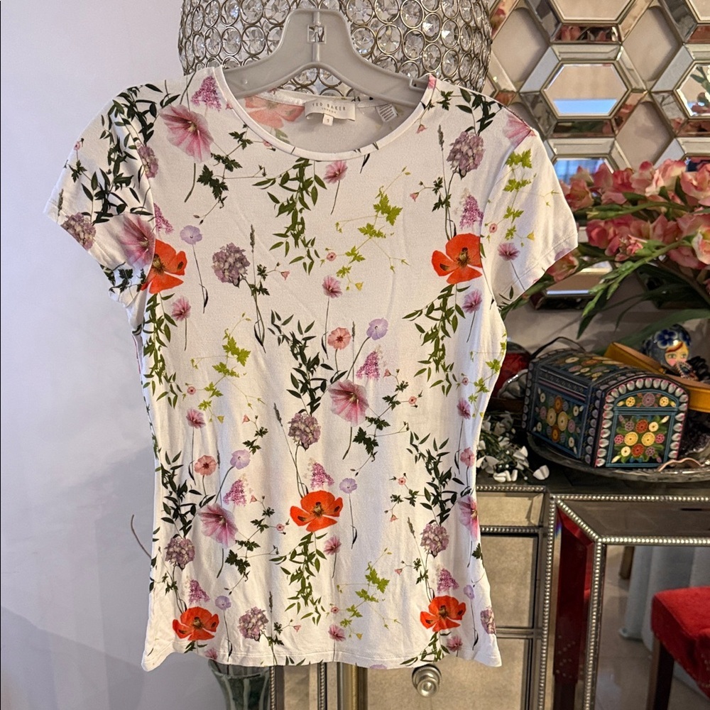 Ted Baker White Floral Short Sleeve Tee with Orange & Purple Blooms size 1